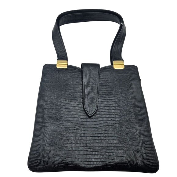 Vintage Black Faux Croc Embossed Shoulder Bag Lady Like Old Money - Picture 1 of 12